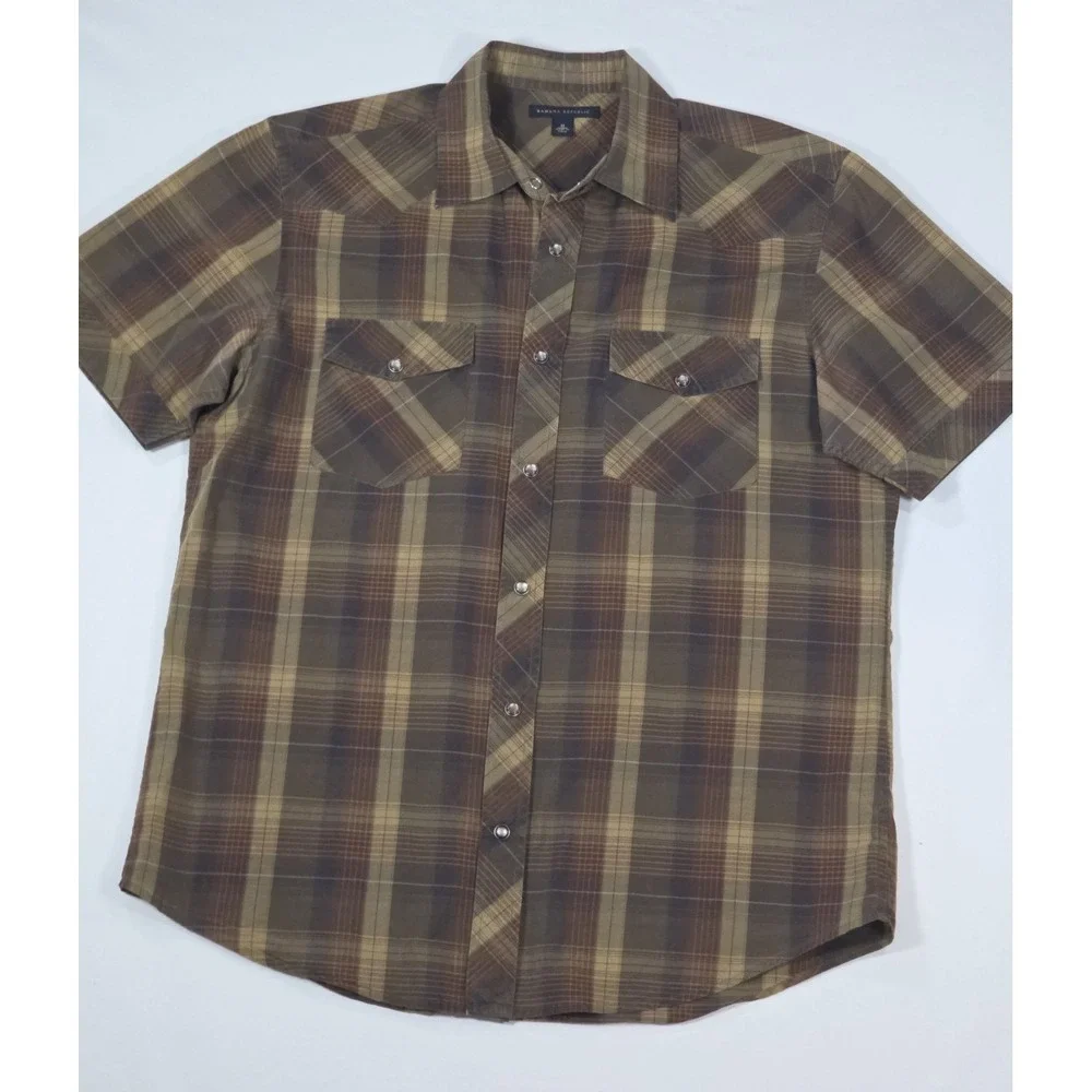 Banana Republic Western Shirt Mens M Brown Plaid Pearl Snap Short Sleeve Classic